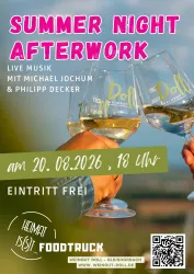 Ein Werbeplakat für eine Sommer-Nacht-Afterwork-Veranstaltung. Es zeigt zwei Gläser Sekt und die Informationen über Live-Musik und den Eintritt.