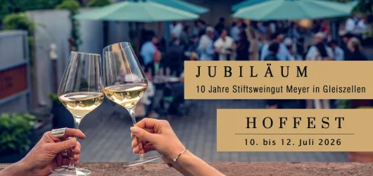 Zwei Gläser mit Weißwein stoßen an, um einen Jubiläum zu feiern. Im Hintergrund ist eine festliche Atmosphäre mit Menschen und grünen Sonnenschirmen zu sehen.