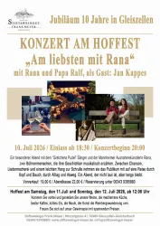 Ein Plakat für ein Konzert mit dem Titel „Am liebsten mit Rana“. Das Event findet am 10. Juli 2026 in Gleizellen statt und bietet Informationen zu Künstlern, Zeit und Ort.