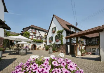 Ein malerischer Innenhof mit traditionellen Fachwerkhäusern und bunten Blumen. Der Himmel ist klar und blau, und es gibt einen Sonnenschirm für Schatten.