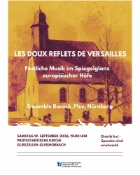 Ein Plakat für ein Konzert mit dem Titel "Les doux reflets de Versailles". Es zeigt eine Kirche und enthält Informationen zu Datum, Uhrzeit und Eintrittspreisen.