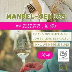 Einladende Werbeanzeige für ein Gourmet-Event mit einem Glas Wein im Vordergrund. Das Event findet am 28.02.2026 um 18 Uhr statt und bietet ein 4-Gänge-Menü inklusive Weinbegleitung für 79 Euro.