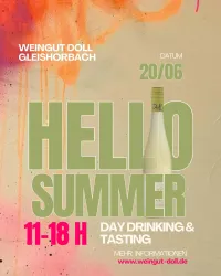 Ein Werbeplakat für eine Veranstaltung im Weingut Doll in Gleishorbach. Es lädt zu einem Sommertag mit Weinprobe und Getränken am 20. Juni von 11 bis 18 Uhr ein.