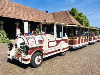 Eine bunten Touristenbahn steht auf einem gepflasterten Platz. Im Hintergrund sind historische Gebäude und Bäume zu sehen.