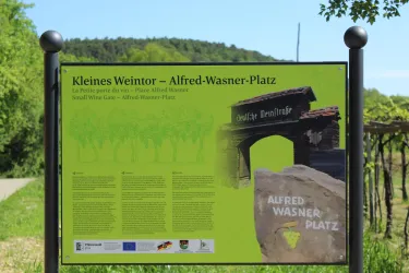 Ein Wegweiser zum Alfred-Wasner-Platz im kleinen Weintor. Die Tafel informiert über die Weinregion und bietet Einblicke in die lokale Weinproduktion.