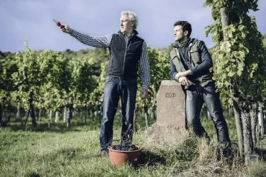 Zwei Männer stehen in einem Weinberg. Der ältere Mann zeigt auf etwas, während der jüngere aufmerksam zuhört.