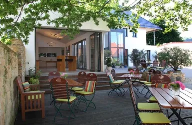 Ein gemütlicher Außenbereich mit Tischen und Stühlen unter einem Baum. Im Hintergrund ist ein modernes Gebäude mit großen Fenstern zu sehen.