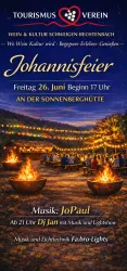 Ein Flyer für die Johannisfeier mit Informationen über das Event. Die Feier findet am Freitag, den 26. Juni, um 17 Uhr an der Sonnenberghütte statt.