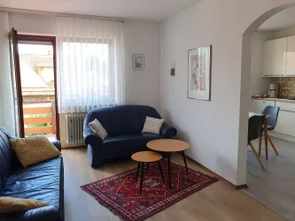 Ein gemütliches Wohnzimmer mit einem blauen Sofa und einem Teppich. Im Hintergrund ist eine offene Küche sichtbar.
