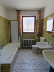 Ein modernes Badezimmer mit einer Badewanne, Dusche und zwei Waschbecken. Die Wände sind in einem grünen Fliesenmuster gehalten und das Fenster sorgt für viel Licht.