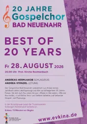 Ein Plakat zum 20-jährigen Jubiläum des Gospelchors Bad Neuenahr. Es beschreibt das Event, das am 28. August 2026 in der Protestantischen Kirche Rechtenbach stattfindet.