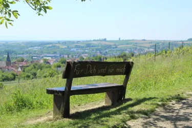 Eine Holzbänke mit der Aufschrift "Für Dich und für mich" steht auf einem Hügel. Im Hintergrund erstreckt sich eine grüne Landschaft mit Weinfeldern und einem kleinen Ort.