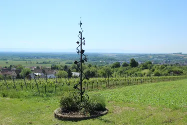 Eine Weinberglandschaft mit sanften Hügeln unter einem klaren blauen Himmel. Im Vordergrund steht ein kunstvolles Metallobjekt auf einer Wiese.