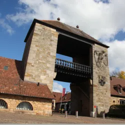 Ein historisches Tor aus Stein mit einem Balkon. Die Umgebung ist von Häusern und einer klaren Himmel dekoriert.