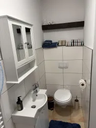 Ein modernes Badezimmer mit einem weißen Waschbecken und einer Toilette. An der Wand hängen Handtücher und es gibt eine kleine Dekoration auf einem Regal.