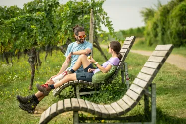 Ein Paar sitzt entspannt auf Liegen in einem Weinberg. Im Hintergrund sind weinbewachsene Reben und eine grüne Landschaft zu sehen.