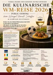 Ein Poster für das öffentliche Viewing der Fußball-Weltmeisterschaft 2026. Es zeigt eine Einladung zu kulinarischen Erlebnissen und Veranstaltungen beim Weingut Harald Schäffer.