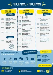 Ein Programmheft mit Freizeitaktivitäten und Veranstaltungen für ein Festival. Es enthält Details zu Terminen, Orten und Aktivitäten in Wissembourg.