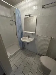 Ein kleines Badezimmer mit Dusche, Waschbecken und Toilette. Die Wände sind hell gefliest und es gibt einen Handtuchheizkörper.