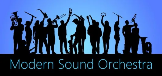 Eine Gruppe von Musikern mit verschiedenen Instrumenten steht im Silhouettenformat. Der Hintergrund ist blau, und der Schriftzug „Modern Sound Orchestra“ ist in hellerer Farbe angezeigt.