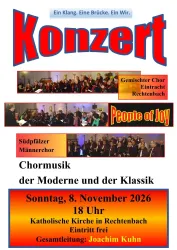 Das Bild zeigt ein Konzertplakat mit dem Titel "Konzert". Es kündigt ein musikalisches Ereignis mit dem Gemischten Chor Eintracht Rechtenbach und dem Südpfälzer Männerchor an, das am 8. November 2026 stattfindet.