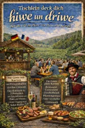 Ein festlicher Außenbereich mit einem rustikalen Stand und Menschen, die gemütlich Essen und Trinken. Im Hintergrund ist eine malerische Landschaft mit Bergen und Bäumen zu sehen.