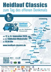 Ein Informationsplakat für die Heidlauf Classics. Es zeigt das Datum, den Veranstaltungsort und eine visuelle Route entlang der Südlichen Weinstraße.