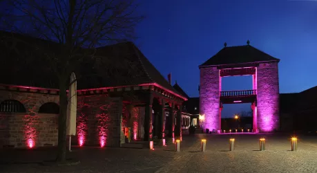 Deutsches Weintor mit Beleuchtung zur Mandelblüte (© Tourismusverein SÜW Bad Bergzbabern e.V.)