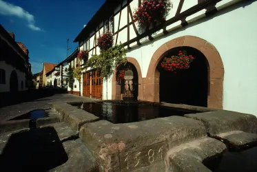 Eine charmante Gasse mit Fachwerkhäusern und einem Brunnen in der Mitte. Blumen hängen an den Fenstern und der Himmel ist klar und blau.