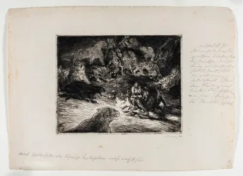 Eine künstlerische Darstellung von Tieren, die um ein Feuer versammelt sind. Die Szene zeigt eine dramatische Atmosphäre in einer dunklen Umgebung.