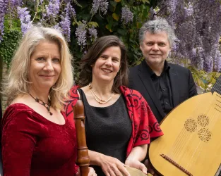 Drei Musiker stehen vor einer Wand mit lila blühenden Pflanzen. Sie halten verschiedene Musikinstrumente und lächeln in die Kamera.