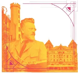 Ein künstlerisches Bild mit einer orangefarbenen Farbpalette. Im Vordergrund ist ein Mann in historischer Kleidung zu sehen, umgeben von architektonischen Elementen.