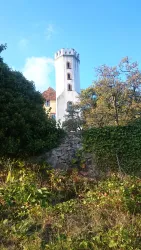 Ein historischer Turm ragt zwischen Bäumen hervor. Der Himmel ist klar und blau, während das Grün der Natur um den Turm herum wächst.