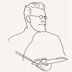Eine einfache Linienzeichnung eines Mannes mit Brille und Bart. Er hält einen Pinsel und zwei Farbbehälter in der Hand.