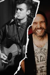 Zwei Porträts von Männern: Der linke Mann spielt Gitarre und singt, während der rechte Mann lächelt. Beide Bilder scheinen kreativ bearbeitet und in zwei Hälften geteilt zu sein.