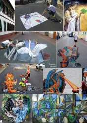 Straßenkunst mit beeindruckenden 3D-Malereien und farbenfrohen Bildern. Die Szenen zeigen verschiedene kreative Motive, darunter Tiere und Figuren.