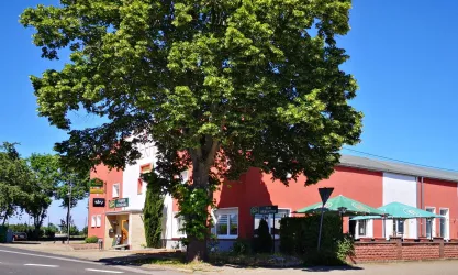 Ein rotes Gebäude mit einer großen grünen Baumfront steht an einer Straße. Vor dem Gebäude sind einige Tische mit Sonnenschirmen.