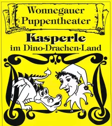 Ein farbenfrohes Plakat für ein Puppentheater. Es zeigt Kasperle und einen Drachen in einem fantasievollen Design.