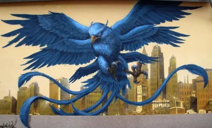 Ein beeindruckendes Wandgemälde eines blauen Vogels mit ausgebreiteten Flügeln. Im Hintergrund sind stilisierte Stadtlandschaften zu sehen.