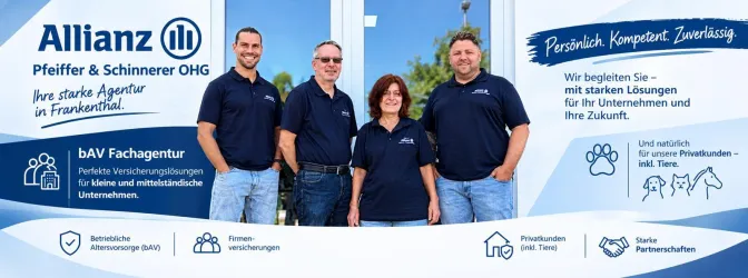 Eine Gruppe von vier Personen steht in Arbeitskleidung vor einem Büro. Im Hintergrund ist das Logo der Allianz und eine freundliche Atmosphäre zu sehen.
