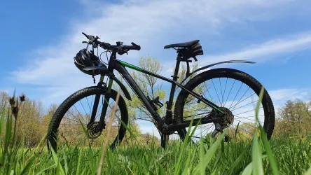 Mountainbike auf einer Wiese geparkt vor blauem Himmel.