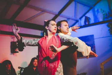 Ein leidenschaftlicher Flamenco-Tanz mit einem Tänzer und einer Tänzerin. Die Atmosphäre ist lebhaft und die Farben sind warm und einladend.