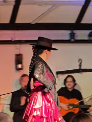 Eine Tänzerin in einem leuchtend pinken Kleid mit Hut tritt auf. Im Hintergrund sind Musiker zu sehen, die Flamenco spielen.