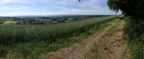 Eine malerische Landschaft mit sanften Hügeln und grünem Gras. Der Blick geht über die Felder zu einem kleinen Dorf in der Ferne.