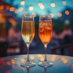 Zwei elegante Gläser mit einem sprudelnden Getränk und einem erfrischenden Cocktail stehen auf einem Tisch. Im Hintergrund sind warm leuchtende Lichter zu sehen, die eine gemütliche Atmosphäre schaffen.