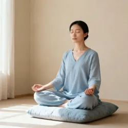 Eine Frau meditiert in einem einfachen Raum. Sie sitzt auf einem Kissen und trägt bequeme Kleidung in hellblau.