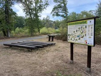 Ein Naturerlebnisweg mit einer Infotafel und Holzliegen. Die Umgebung ist grün und von Bäumen umgeben.
