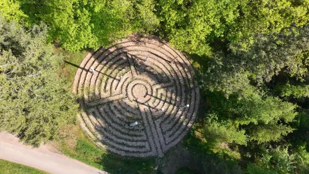 Ein wunderschönes Labyrinth aus Steinen, umgeben von Bäumen. Es liegt in einem grünen Wald und bietet eine ruhige Atmosphäre.