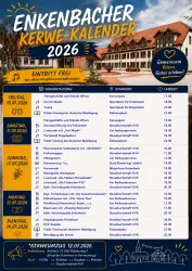 Ein Veranstaltungskalender für die Enkenbacher Kerwe 2026 mit verschiedenen Events und Uhrzeiten. Der Eintritt ist frei und es gibt musikalische Veranstaltungen.