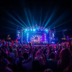 Ein lebhaftes Musikfestival mit einer großen Menschenmenge vor einer bunten Bühne. Bunte Lichtstrahlen und leuchtende Stäbe schaffen eine aufregende Atmosphäre.